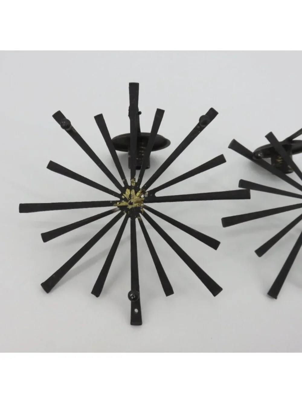 Brutalist Set of 2 Black Gold Metal Starburst Hanging Wall Candle Sconces VTG